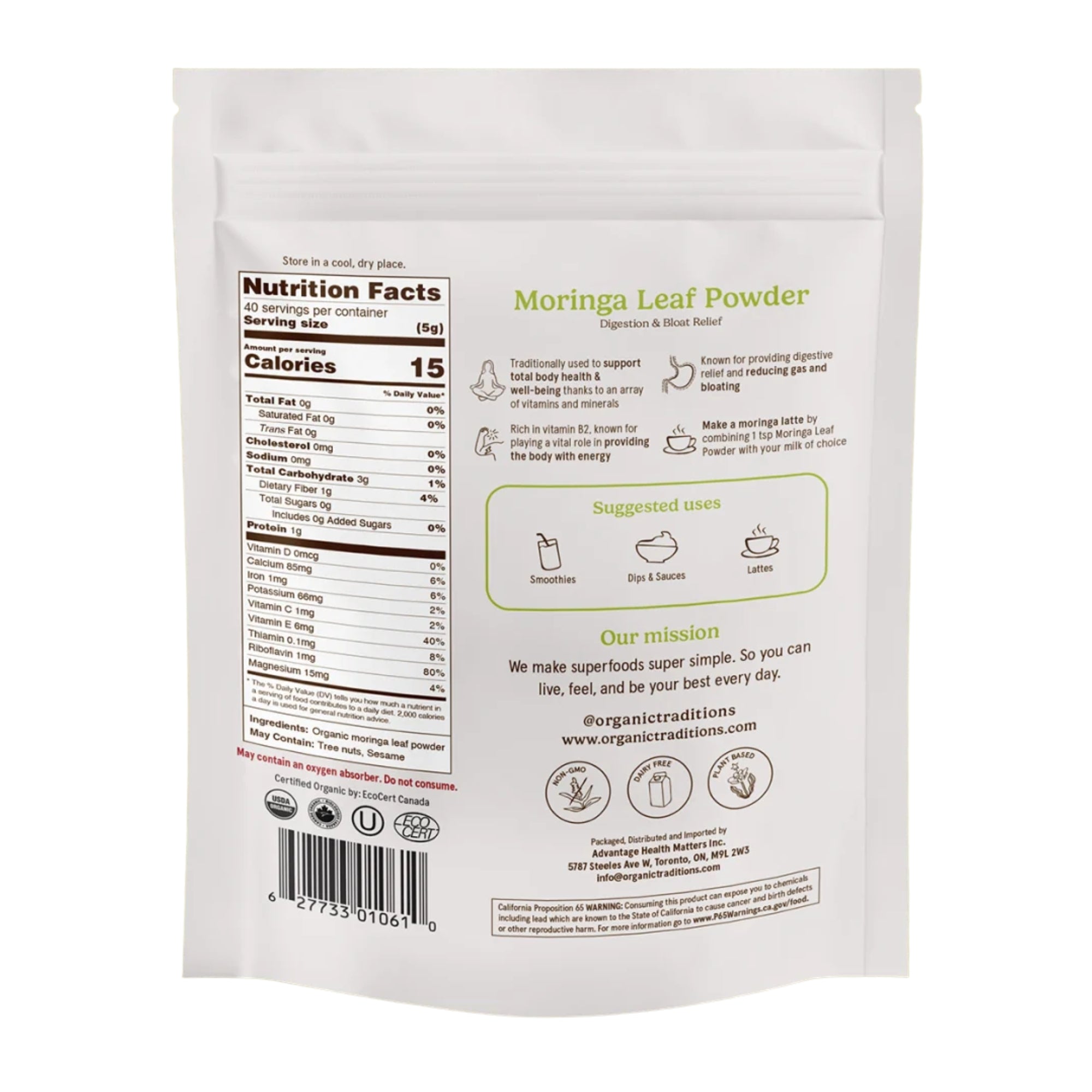 Organic Traditions Moringa Leaf Powder - 7oz, 200g