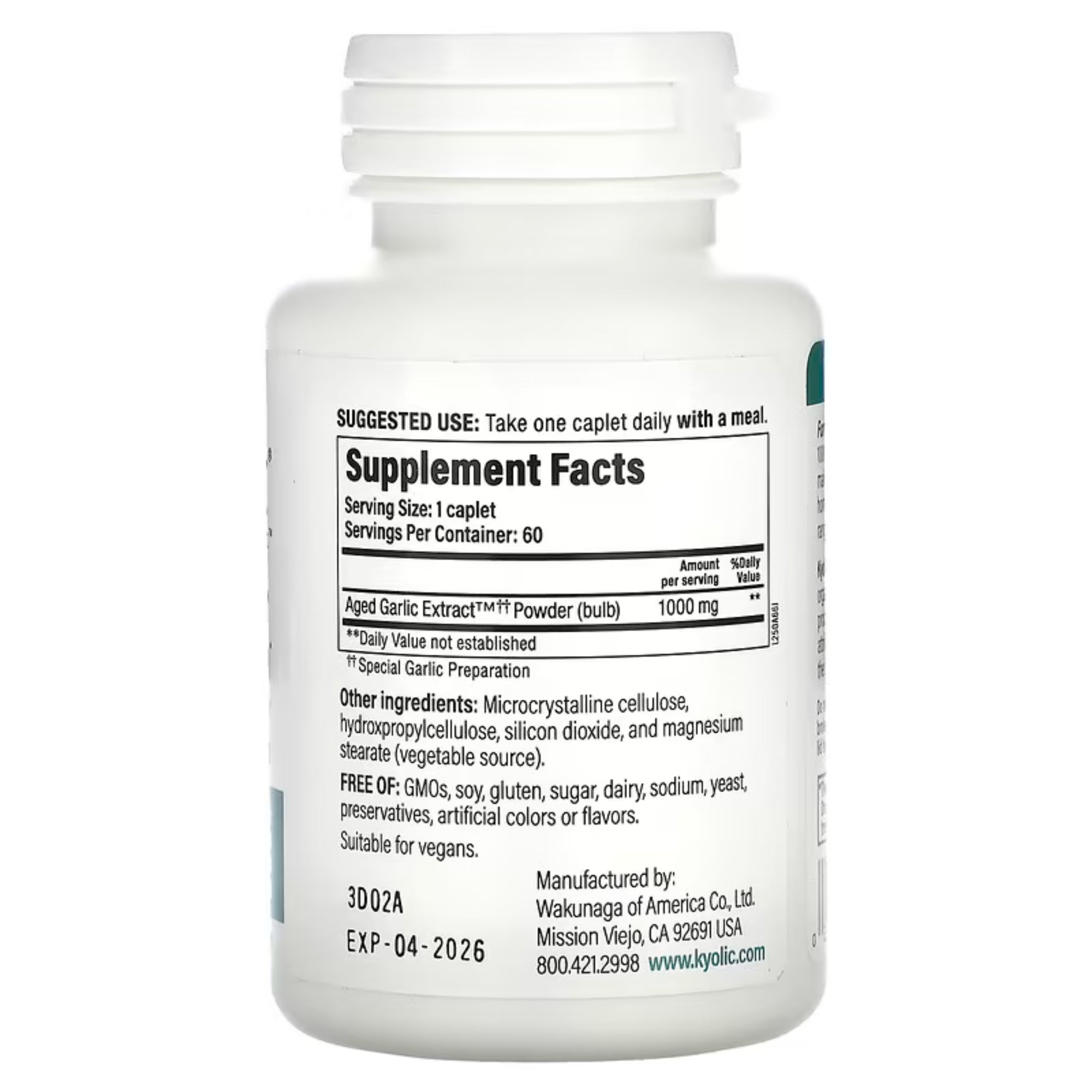 Kyolic, Aged Garlic Extract, Cardiovascular Health, One Per Day, Formula 250, 60 Vegan Caplets (1,000 mg per Capsule)