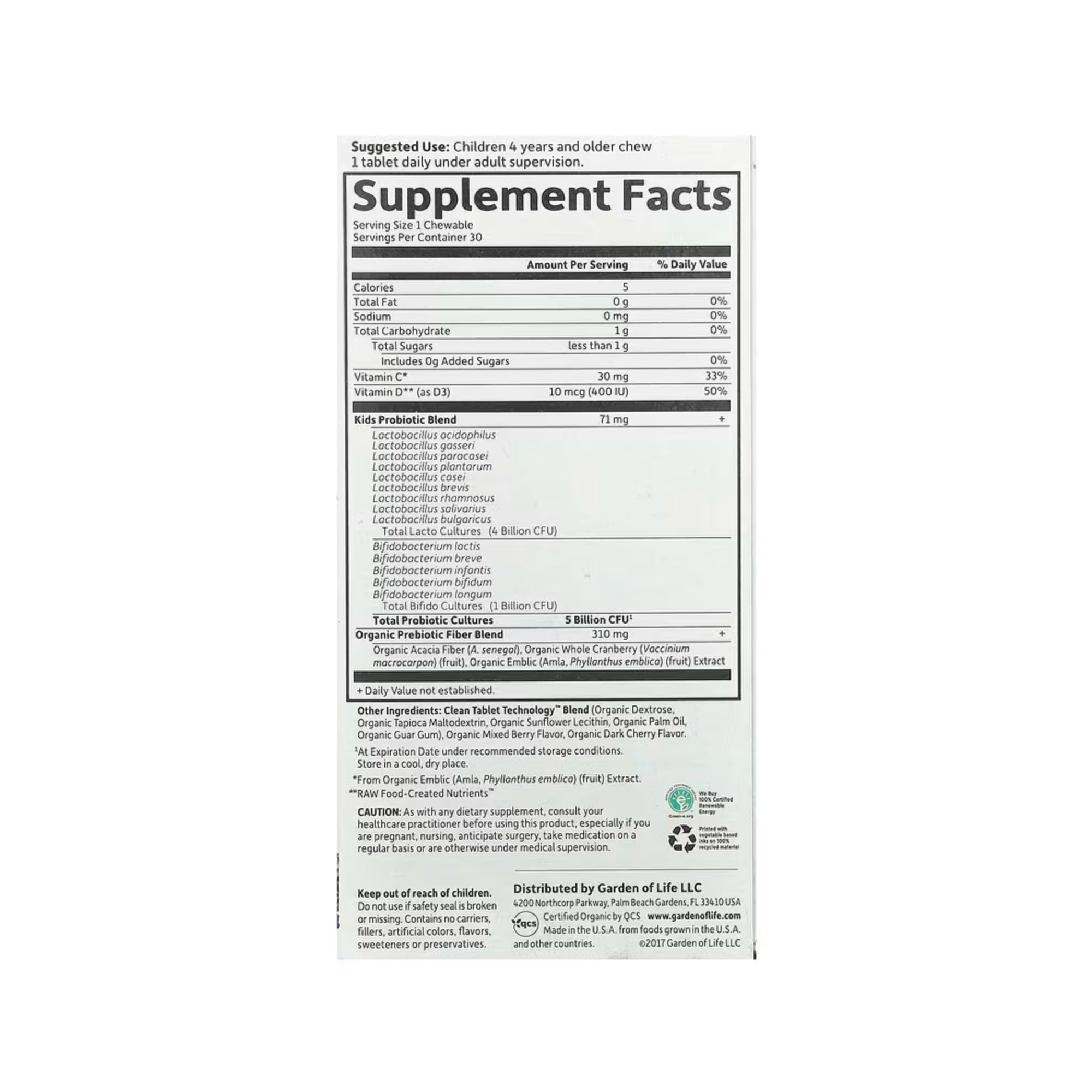 Garden of Life, Dr. Formulated Probiotics, Organic Kids + Probiotics + Vitamins C & D, Tasty Organic Berry Cherry, 30 Yummy Chewables