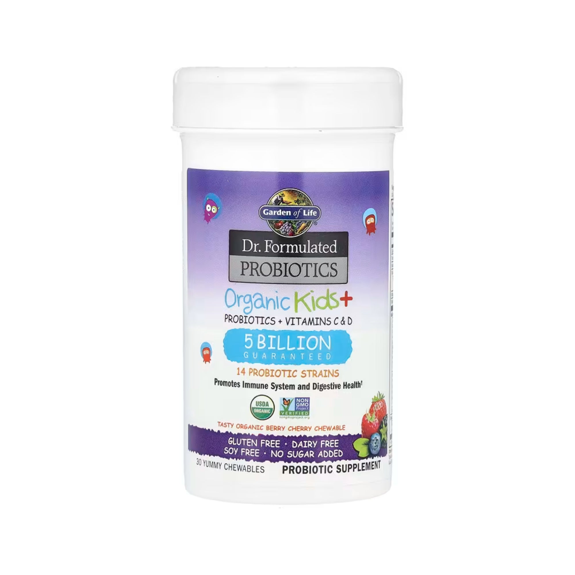 Garden of Life, Dr. Formulated Probiotics, Organic Kids + Probiotics + Vitamins C & D, Tasty Organic Berry Cherry, 30 Yummy Chewables
